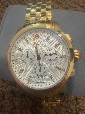 Michele Gold and White Chronograph Bracelet Watch with diamonds